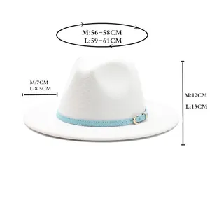 White wool felt fedora hat with blue leather band and detailed size chart measurements
