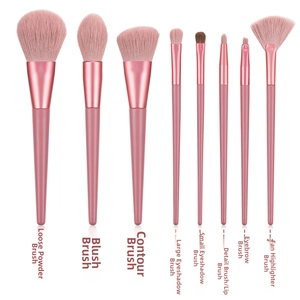 Detail of 8 pink professional makeup brushes set showing various brush heads and bristles