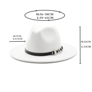 Size chart for white wool fedora hat showing M and L dimensions in centimeters