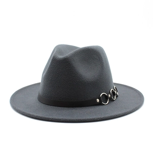 Classic dark grey wool fedora hat with wide flat brim and black leather studded band