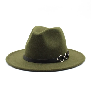 Detail view of dark green wool fedora hat with silver metal rings on black decorative band