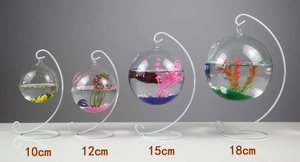 Hanging glass fish bowls with metal stands in four sizes 10cm 12cm 15cm and 18cm