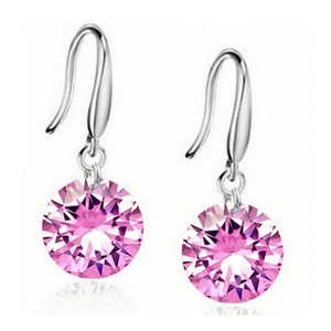 Macro detail of 8mm pink round-cut crystal earrings with silver French hook wires