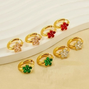 Close-up of 18K gold plated hoop earrings featuring colorful zircon floral patterns
