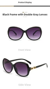 Detail of black oval frame sunglasses with purple gradient lenses and gold bow decoration