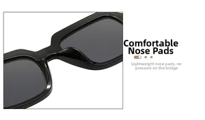 Detail view of comfortable integrated nose pads on black square frame sunglasses