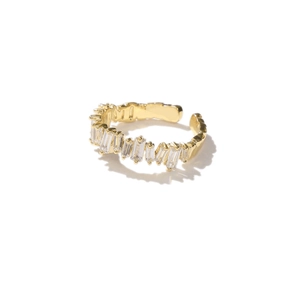 Adjustable gold plated open ring featuring irregular micro-pave baguette cubic zirconia