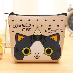 Cute beige cartoon cat PU leather coin purse with zipper closure on wood surface