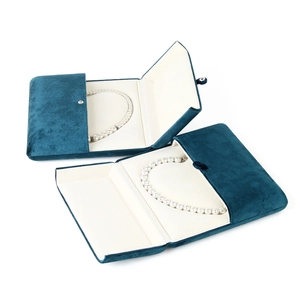 Teal velvet pearl necklace gift boxes with snap closure and cream interior