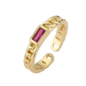 Gold plated cuban chain open ring with a rectangular rose red zircon stone center
