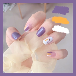 Purple Orange Graffiti Press On Nails Abstract Geometric Contrast Color Glossy Artificial Finger Nails Women DIY Manicure
