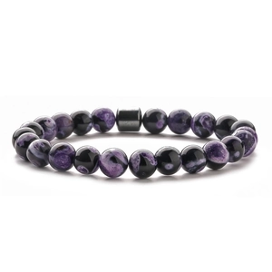 Men's 8mm beaded bracelet with purple turquoise, black stone, and grey cylinder bead