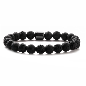 Men's 8mm black volcanic lava stone beaded bracelet with polished hematite spacer