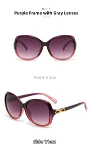 Detail view of purple gradient frame sunglasses with golden bow metal decoration