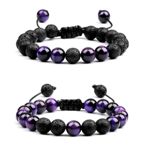Detail of 8mm purple tiger eye and black lava stone beads with adjustable braided cord