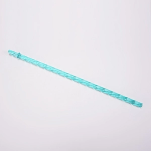 Close-up of a light blue spiral Tritan reusable straw with textured surface on white background