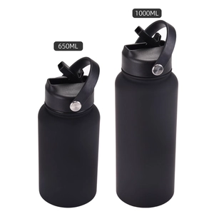 Black matte stainless steel sports water bottles in 650ml and 1000ml sizes with handles