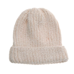 Solid cream white chenille knitted beanie hat for women featuring soft ribbed texture