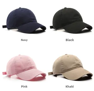 Collage of four washed cotton baseball caps in navy, black, pink, and khaki colors
