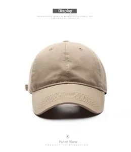 Front view detail of a khaki cotton baseball cap showing curved brim and six-panel structure