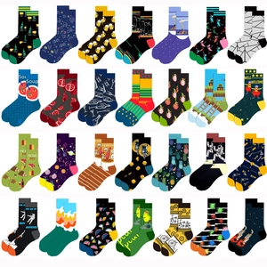 Collection of creative mid-calf socks with geometric, fruit, and astronaut knit patterns