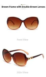 Detail view of oval frame sunglasses with golden bow metal decoration and gradient lenses