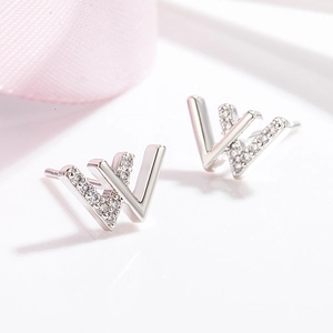 Minimalist silver W-letter stud earrings with pavé sparkling cubic zirconia stones