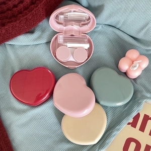 Cute heart-shaped contact lens case kit with mirror and tools in candy colors