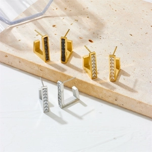 Three pairs of geometric rectangle G-shape hoop earrings with zircon stones on stone base