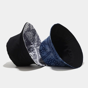 Reversible bucket hat with paisley pattern in black and navy blue for summer sun protection