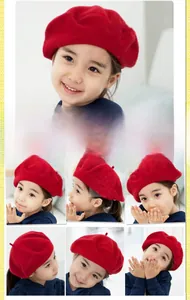 Detail view of red wool beret for kids showing various angles and fluffy texture