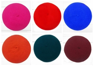 Detailed grid showing kid's berets in rose, red, royal blue, orange, green, and wine red