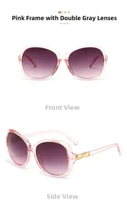 Pink oval sunglasses with gold bow detail and gradient lenses shown in dual views