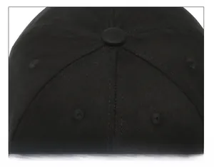 Detail of the six-panel crown stitching and top button on a black cotton baseball cap