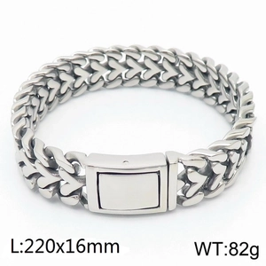 Detail showing woven heart link chain bracelet in polished silver finish, 220mm length