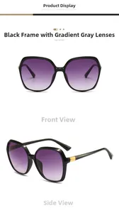 Detail view of large square black sunglasses featuring purple gradient lenses