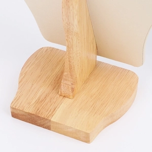 Portrait jewelry display stand with a solid wood base and beige velvet necklace holder