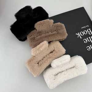 Plush faux fur rectangular hair claw clips in black, brown and white for women