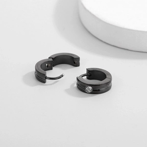 Hip hop style black stainless steel hoop earrings with sparkling cubic zirconia stone