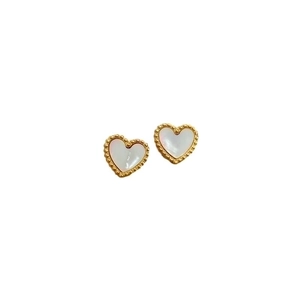 Elegant gold titanium steel heart earrings with white mother of pearl inlay for women