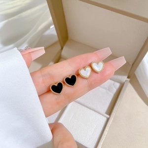 Heart Stud Earrings Titanium Steel Mother Of Artificial Pearl Black Inlay Minimalist Beaded Gold Edge Geometric Jewelry For Women