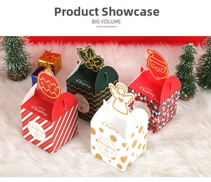 Detailed view of four festive Christmas candy gift boxes with unique cutout top charms