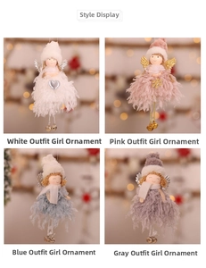 Detail of four colorful angel doll ornaments with knit hats, feather skirts and bells