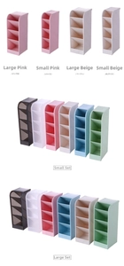Detailed comparison of multi-tier slanted desk organizers in various sizes and colors