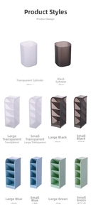 Macro detail of multi-grid tilted desk organizer and round pen holder in various colors