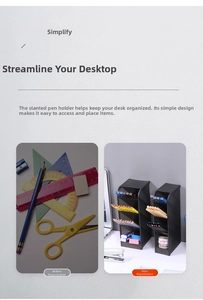 Macro view showing before and after organization with the black slanted desk pen holder