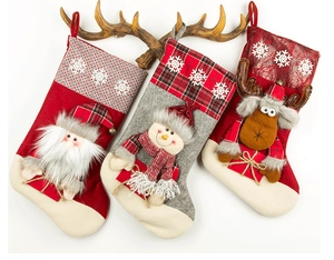 Detailed view of three 3D Christmas stockings featuring Santa, Snowman, and Reindeer themes