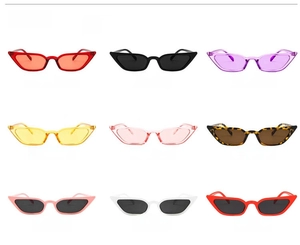 Detail view of narrow cat eye sunglasses in nine various trendy color frames