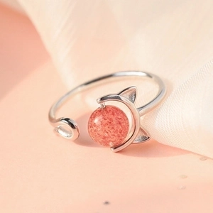 S925 Sterling Silver Strawberry Quartz Cat Ring with adjustable open band for women