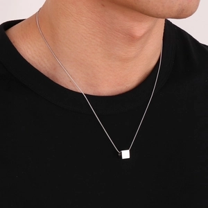 Sleek silver stainless steel snake chain necklace with a minimalist cube pendant for men